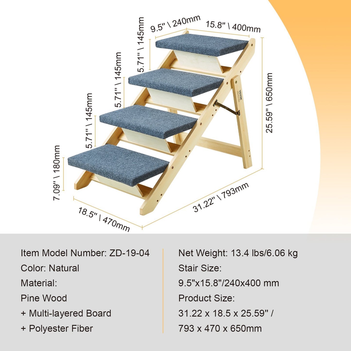 Foldable Wooden Pet Stairs – 4-Step Dog Ramp for Bed & Sofa