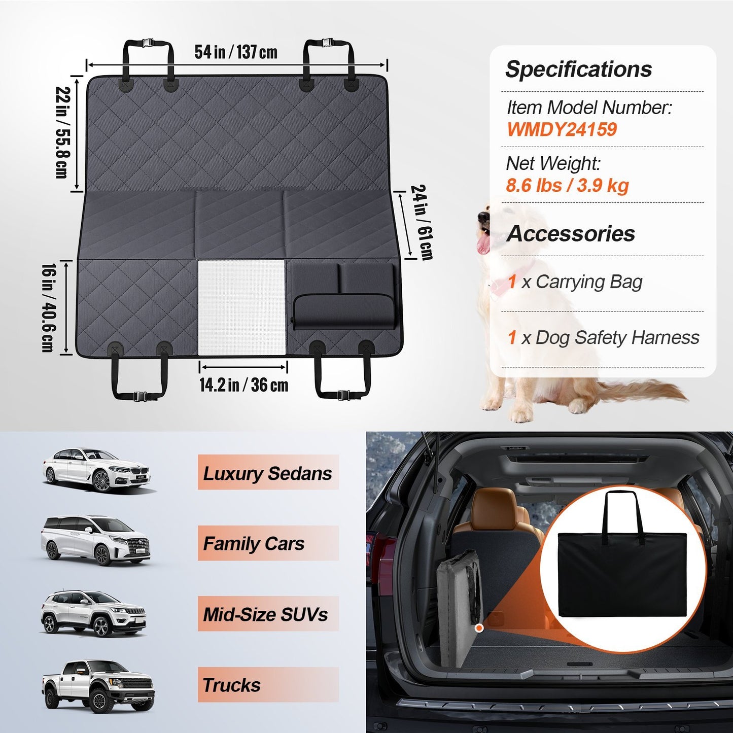 Dog Car Seat Cover For Back Seat 54 X 24 In Waterproof 600D For Cars