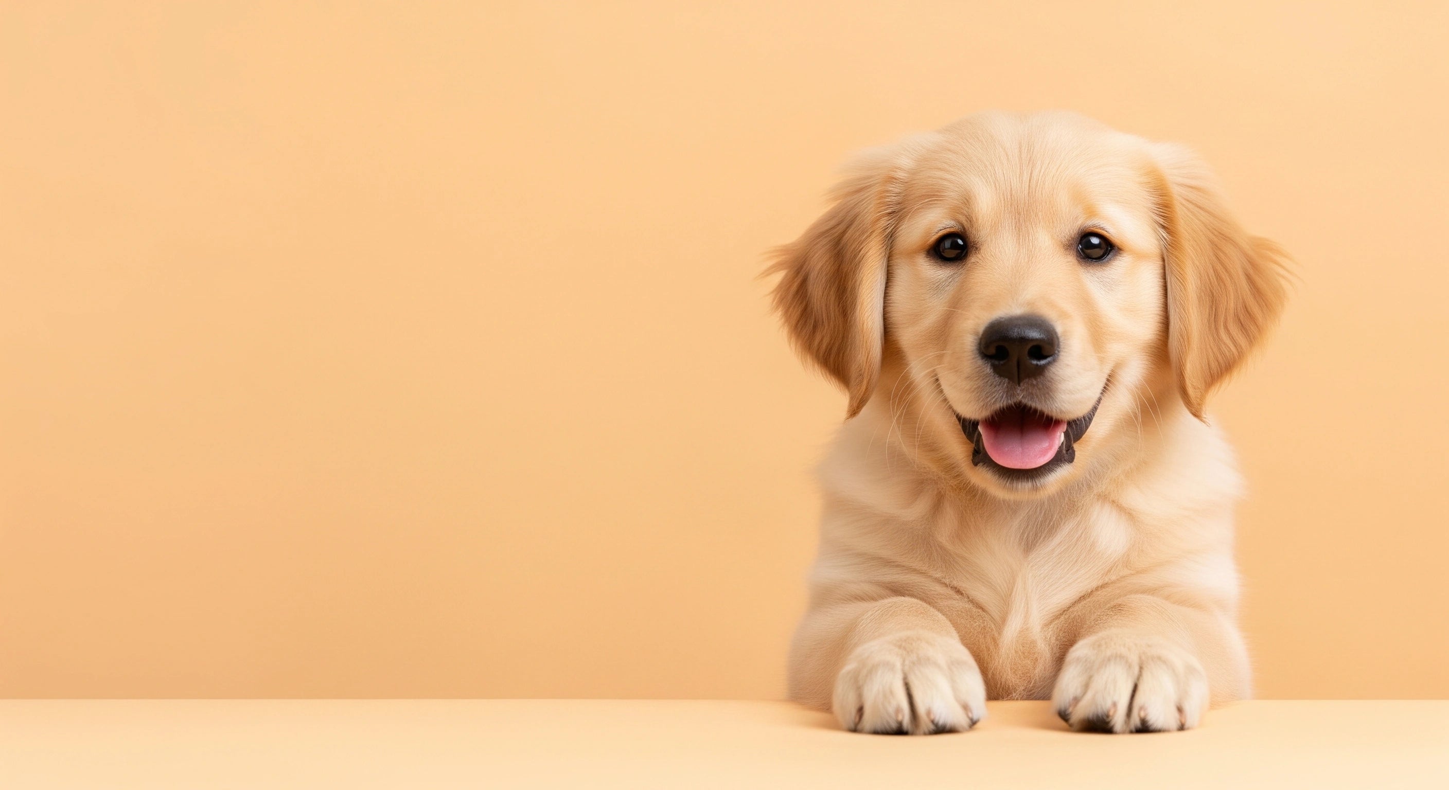 Happy golden retriever dog smiling on a pastel background, promoting safe and calming pet products
