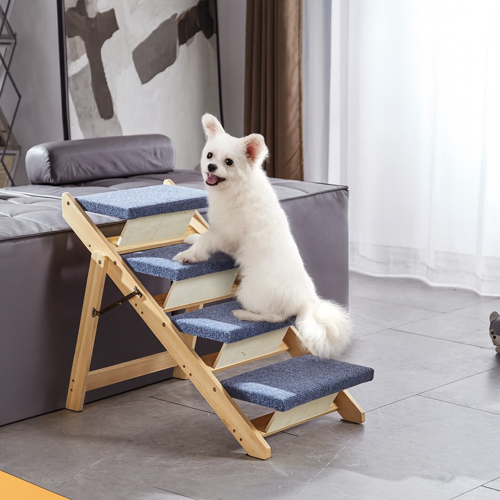 Foldable Wooden Pet Stairs – 4-Step Dog Ramp for Bed & Sofa