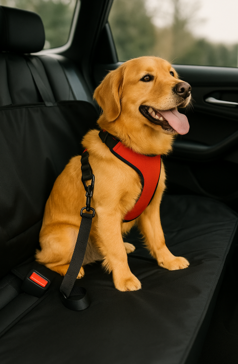 Dog safely secured with seatbelt harness in car for travel