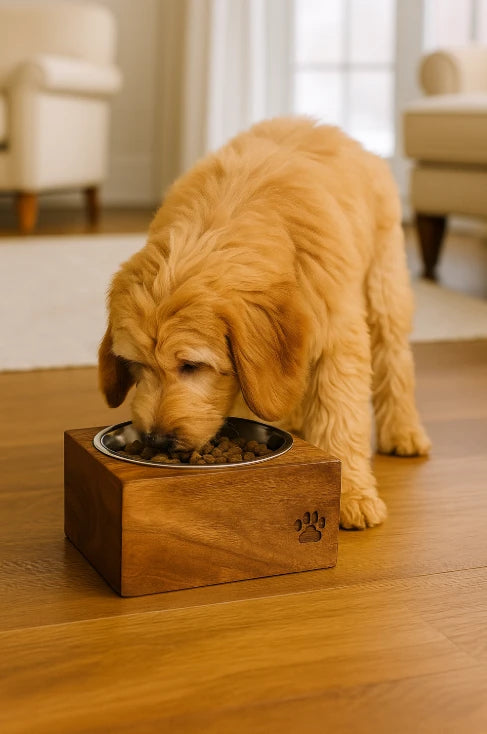 Dog drinking from elevated stainless steel bowl on wooden stand at home