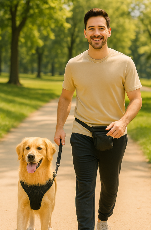 Happy dog wearing harness and leash during outdoor walk and training session