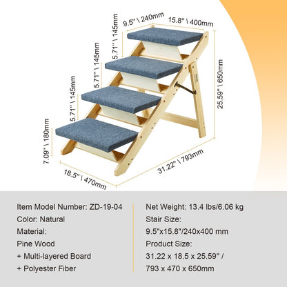 Foldable Wooden Pet Stairs – 4-Step Dog Ramp for Bed & Sofa