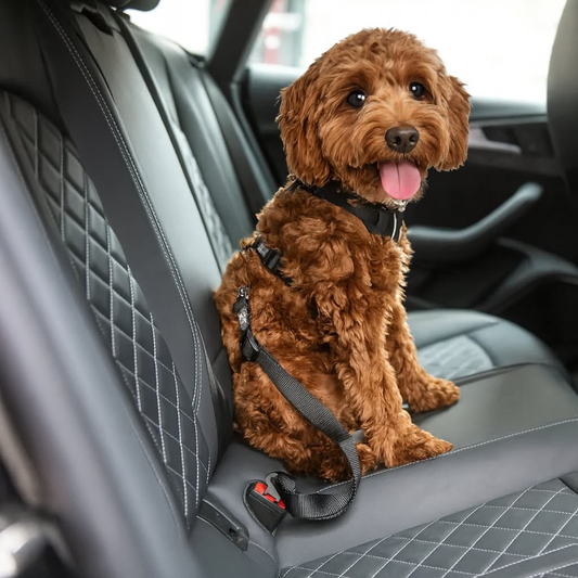Brown dog sitting in a car with a seat belt on